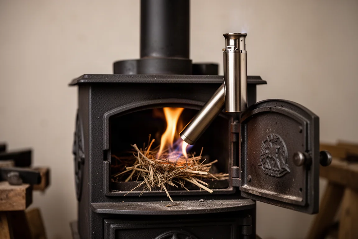 Extended lighter flame lighting dry tinder in a small wood stove