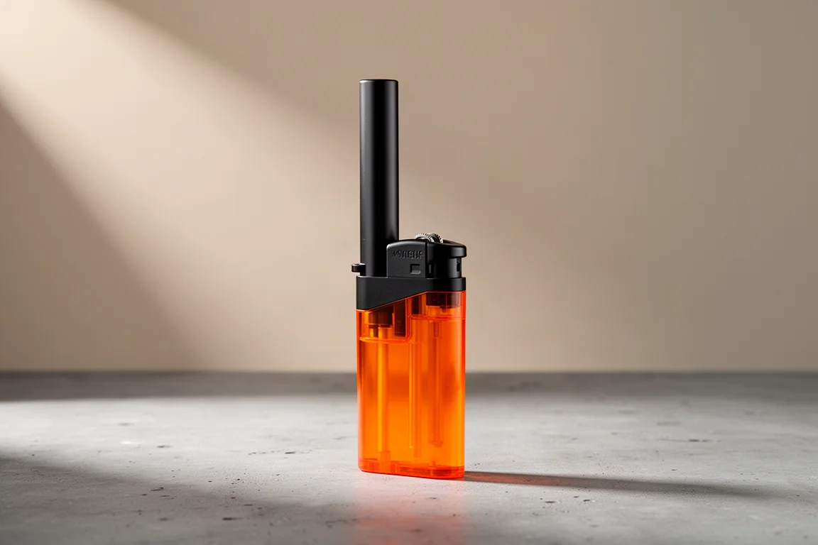 Tall BIC Easy Reach lighter with extended chimney on a concrete surface