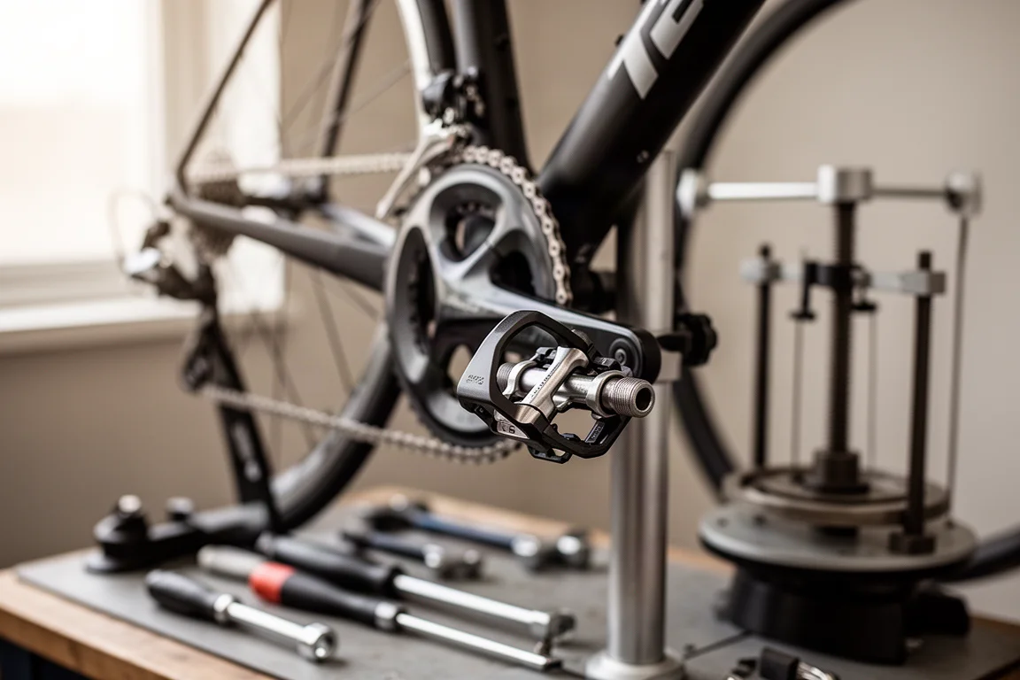 Racefiets crankstel en klikpedaal scherp in beeld op een montagestandaard
