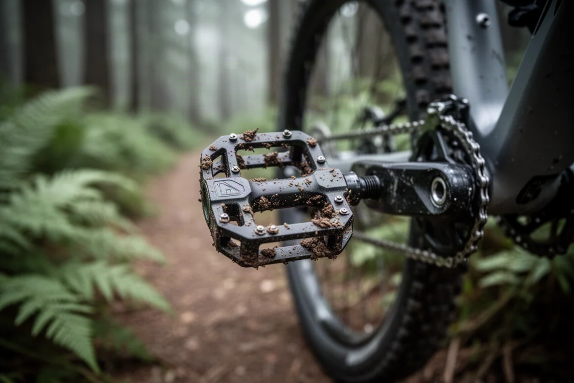 Close-up van een compact mountainbikepedaal met modder op de kooi