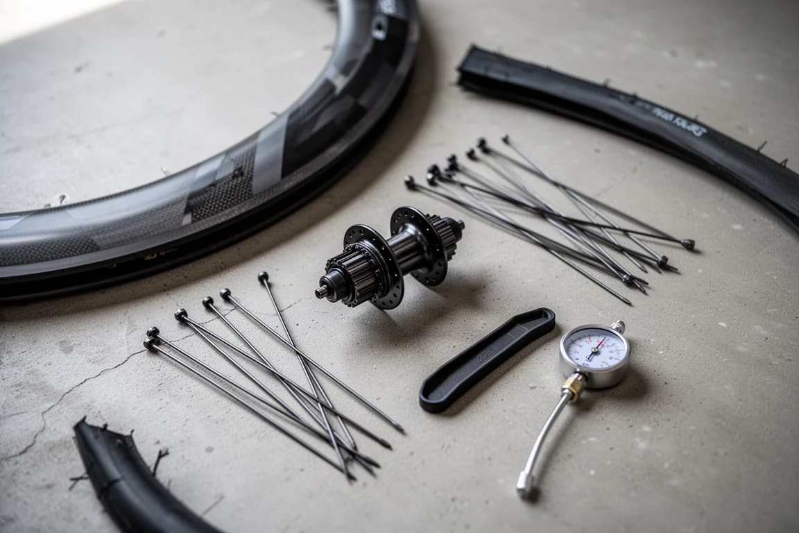 Flat lay dall'alto di componenti di ruote per bici su un pavimento di cemento