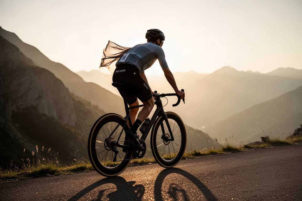 Ciclista su strada che scala un passo di montagna durante l'ora d'oro