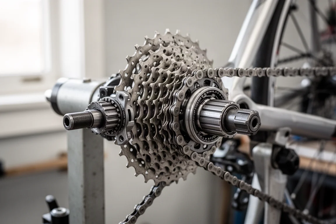 Primo piano di un mozzo posteriore per bici e cassetta in un laboratorio luminoso