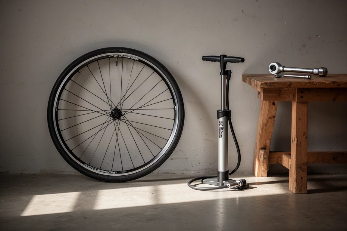 Ruota per bici appoggiata alla parete di un laboratorio accanto a una pompa a pavimento