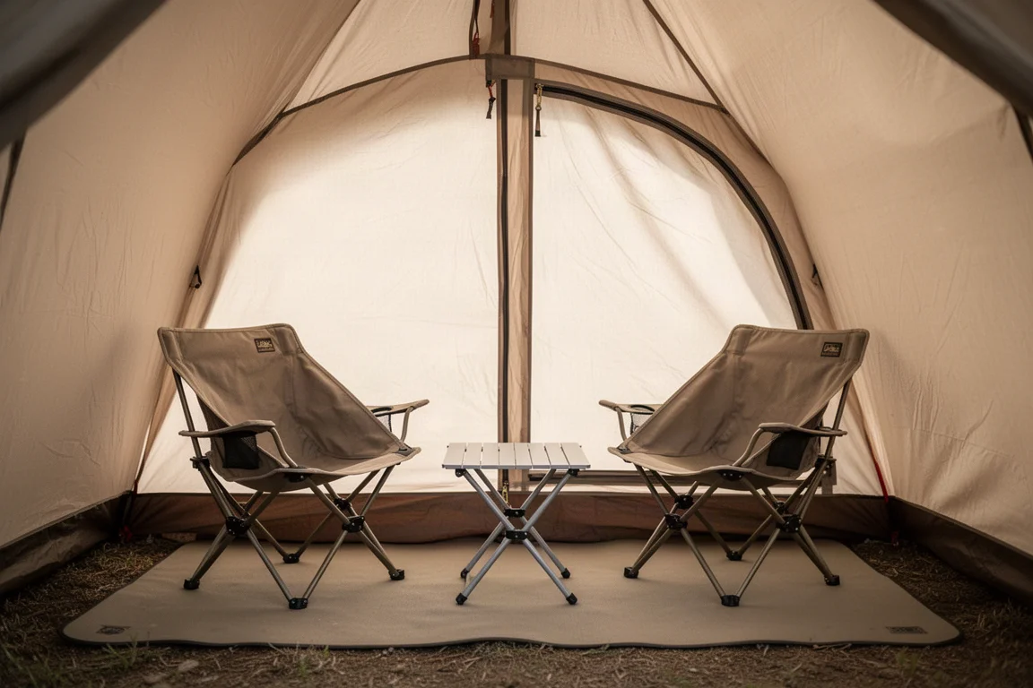 Två campingstolar och ett litet fällbord uppställda inuti en övertäckt tältvestibul