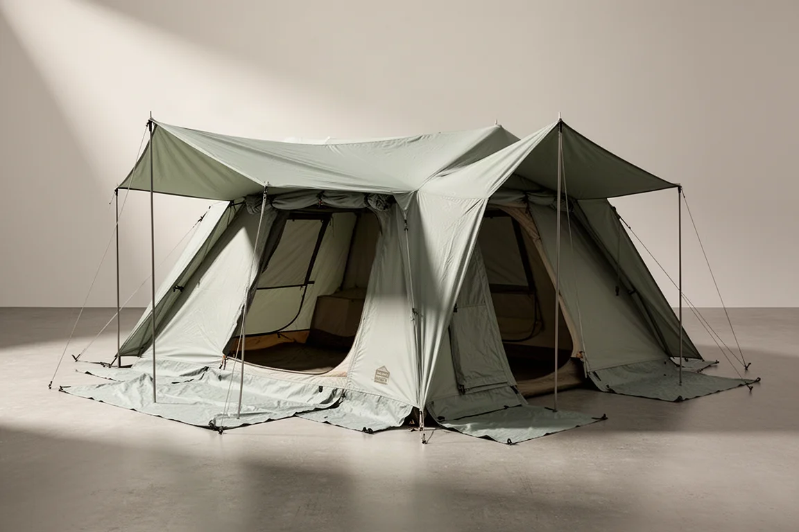 Six-person cabin camping tent with full rainfly pitched on a concrete surface