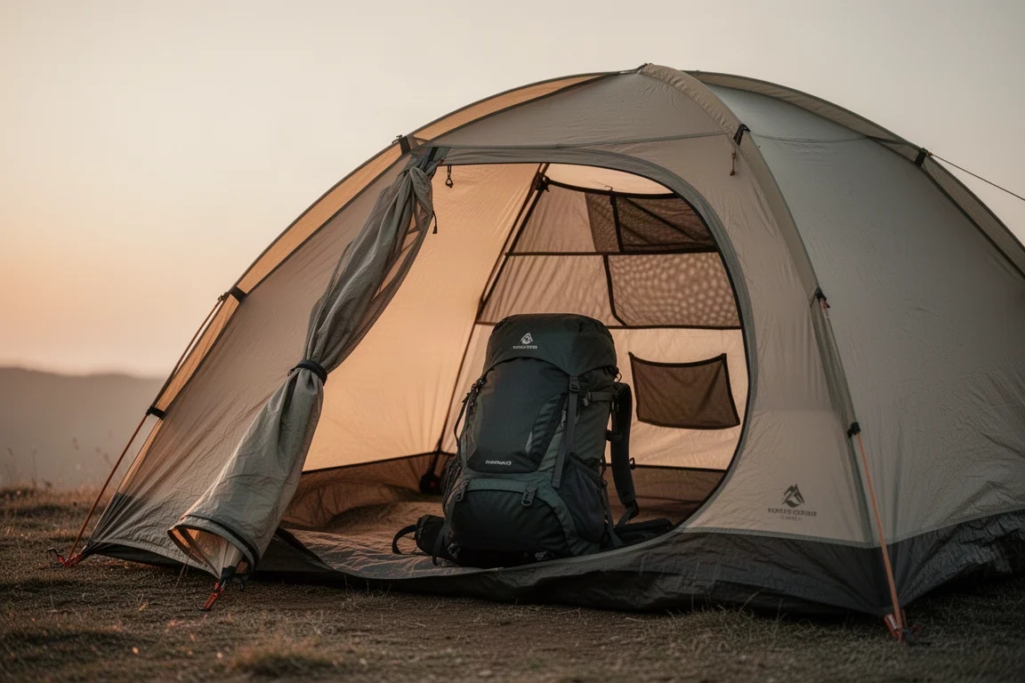 Offene Zelttür mit Blick auf ein Vorzelt, in dem ein Wanderrucksack verstaut ist
