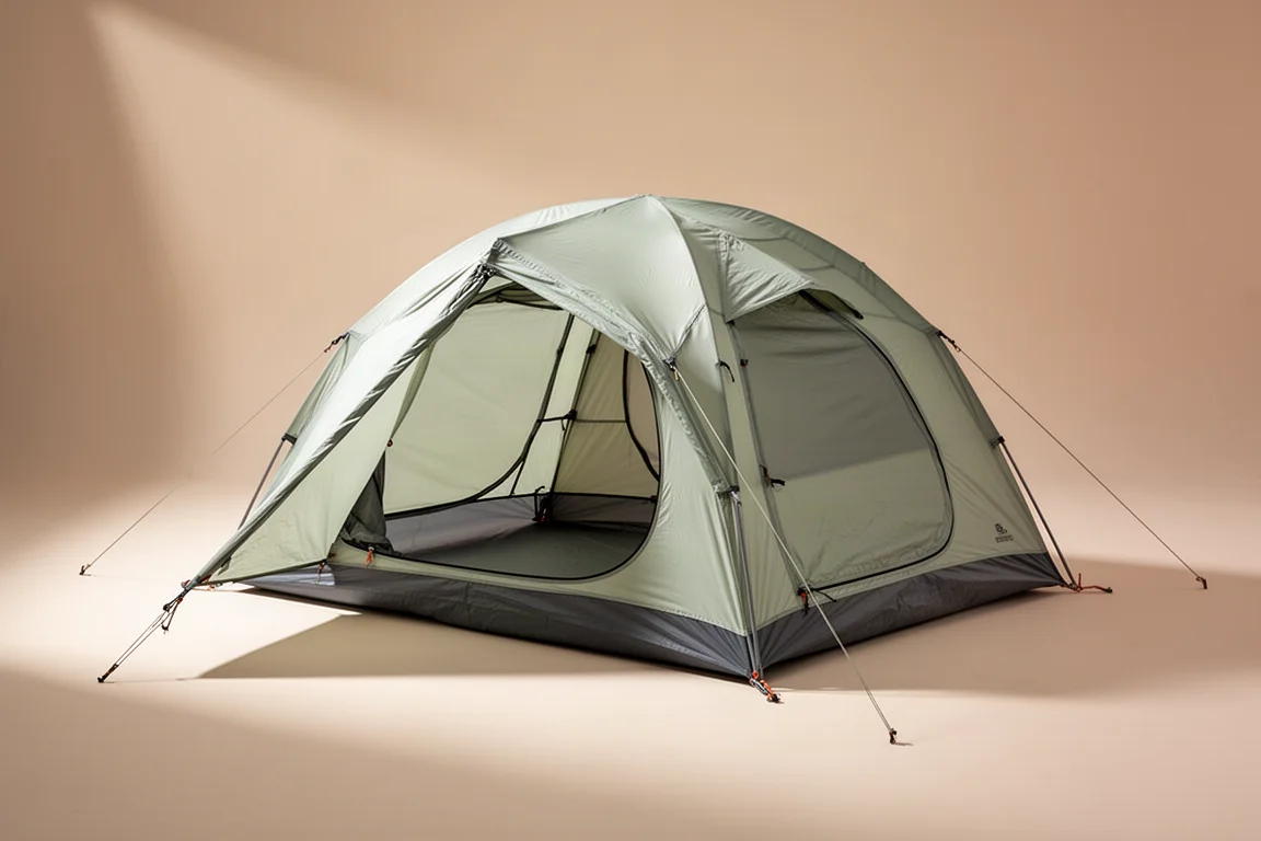 Ultralight two-person backpacking tent pitched on a neutral studio backdrop