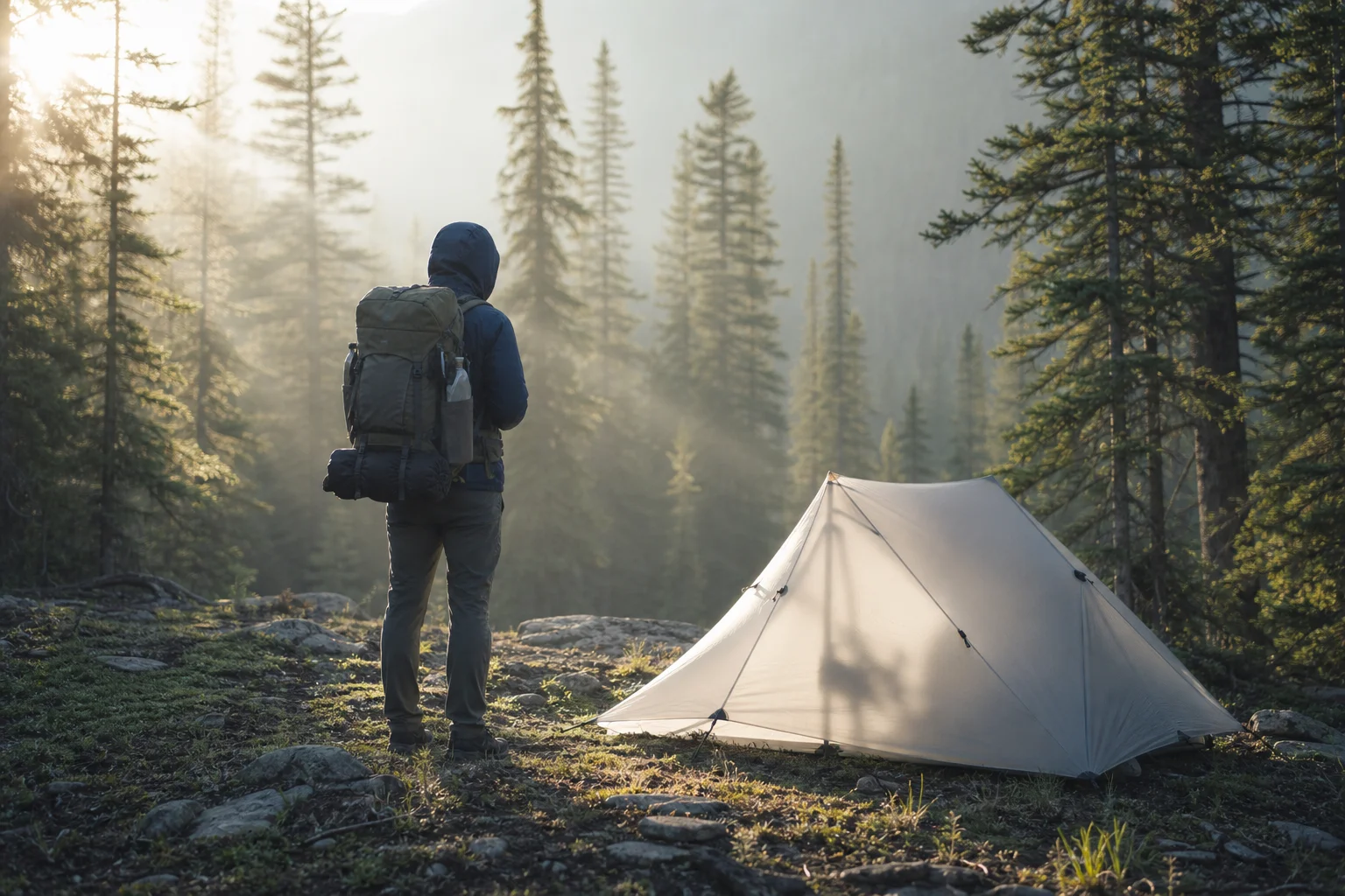 Backpacker mit beladenem Rucksack neben einem aufgebauten Ultraleichtzelt