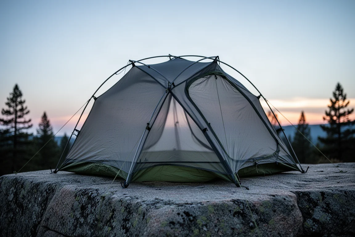 Freestanding backpacking tent with arched poles pitched on a matte concrete surface