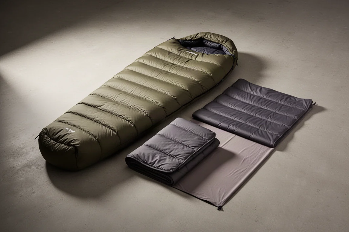 Three-piece camping sleep system with sleeping bag, quilt and sheet layer on concrete