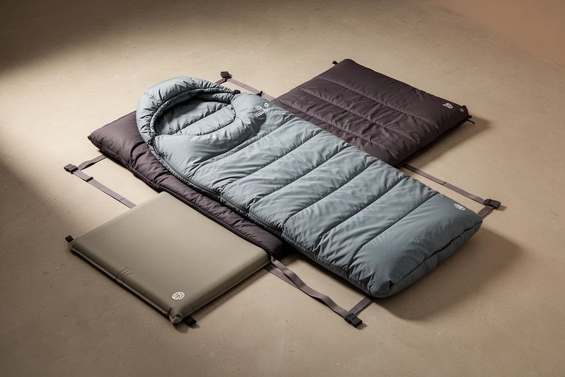 Modular inner and outer sleeping bag system with pad on a concrete surface