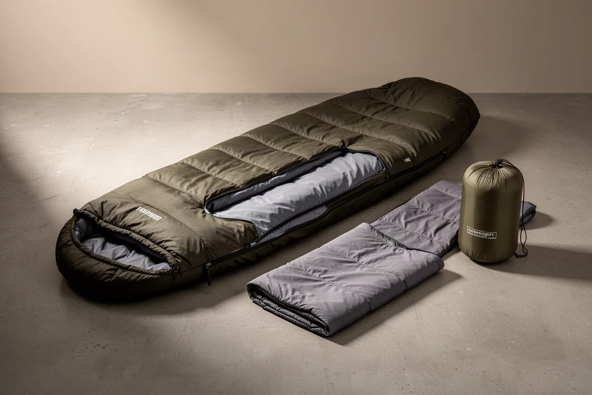 Three-piece ultralight sleeping bag system with outer bag, mummy liner and stuff sack on concrete
