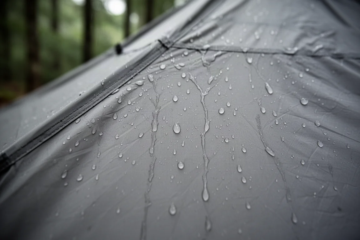 Uitzicht vanuit een single-wall tent door de open deur naar een mistig bergdal