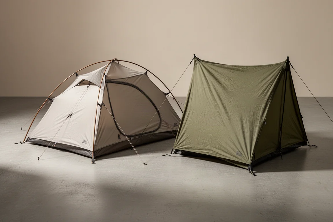 Two single-wall backpacking tents pitched side by side on a concrete surface
