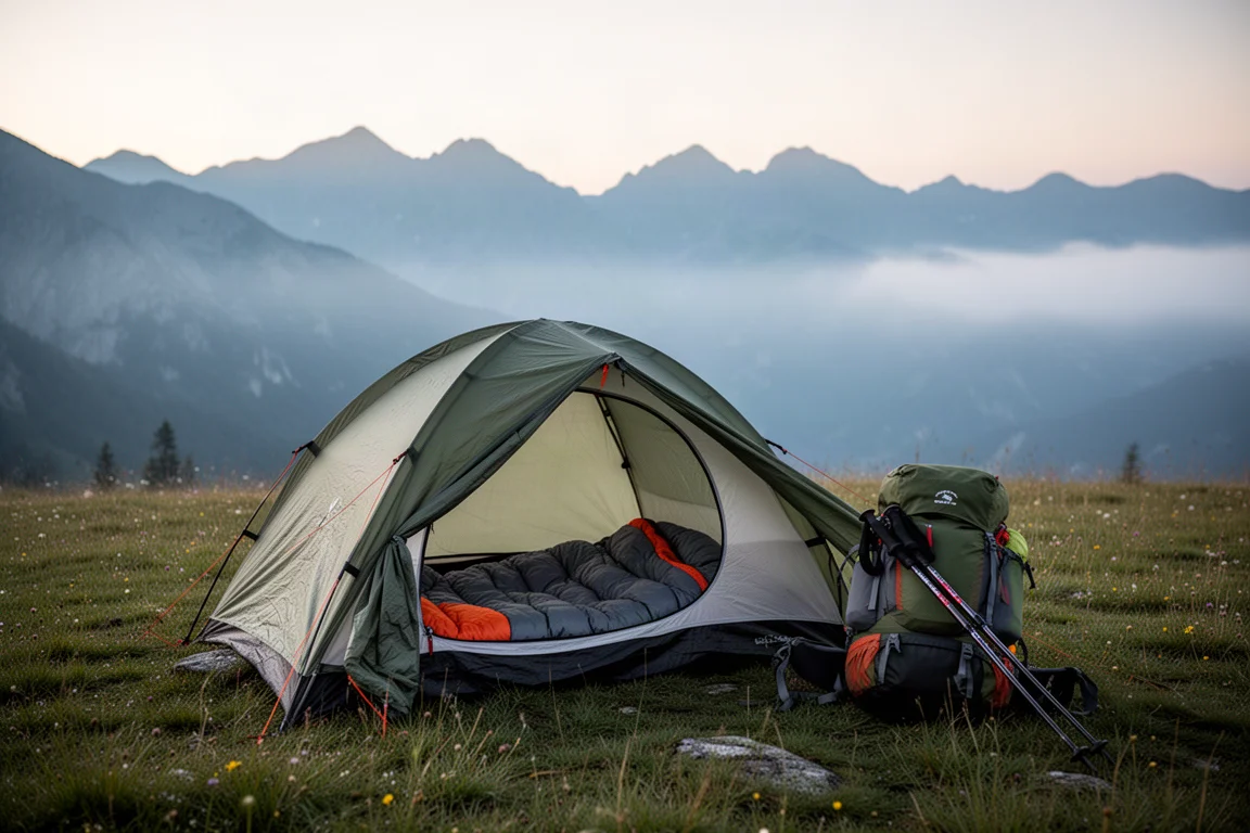 破曉時分的營地,擺放著緊湊的單人帳篷、背包與登山杖