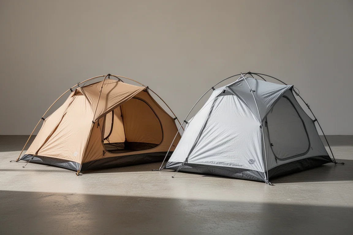 Two ultralight one-person backpacking tents pitched side by side on a concrete surface