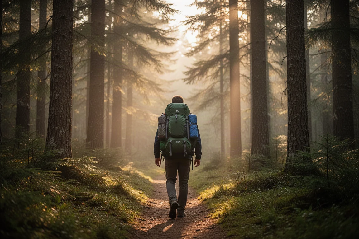 清晨時分,裝滿裝備的登山背包擱在高山湖泊旁的花崗岩巨石上