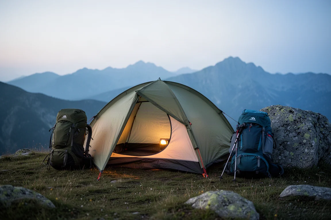 清晨光線下,登山背包斜靠在森林步道上的倒木旁