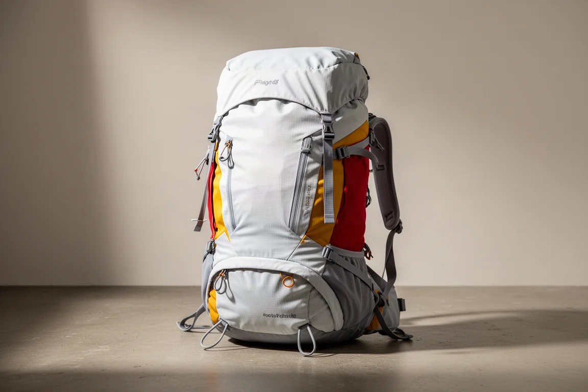 White and yellow 50-liter hiking backpack standing upright on a concrete surface
