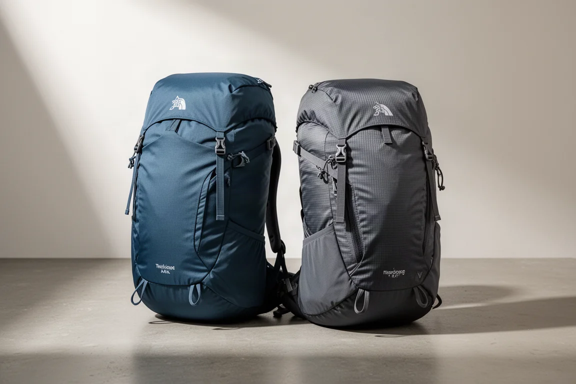 Two lightweight hiking backpacks standing side by side on a concrete surface