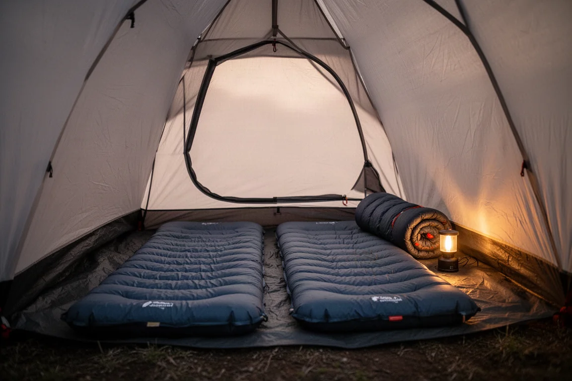 Opgeblazen geïsoleerde slaapmat uitgespreid in een tent op een boskampeerplek