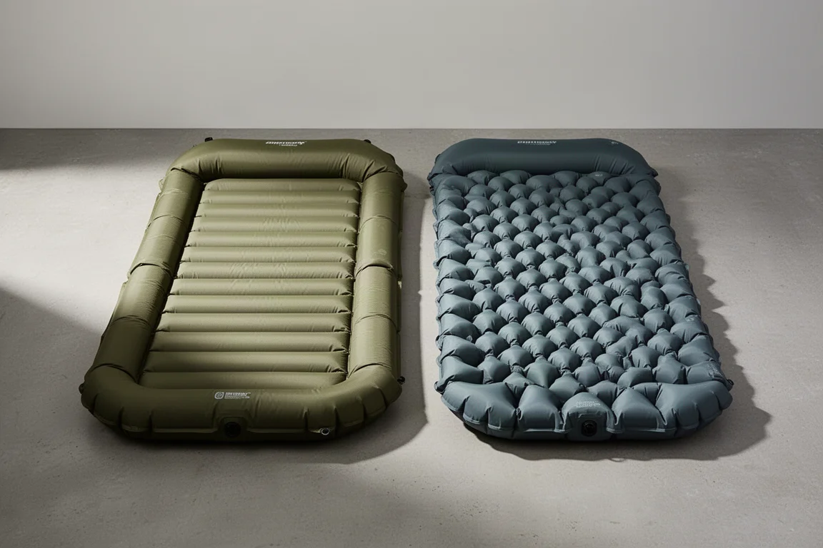 Two insulated backpacking sleeping pads side by side on a concrete floor