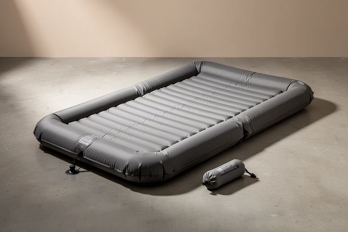 Inflatable sleeping pad with quilted baffles and a pump sack on a concrete surface