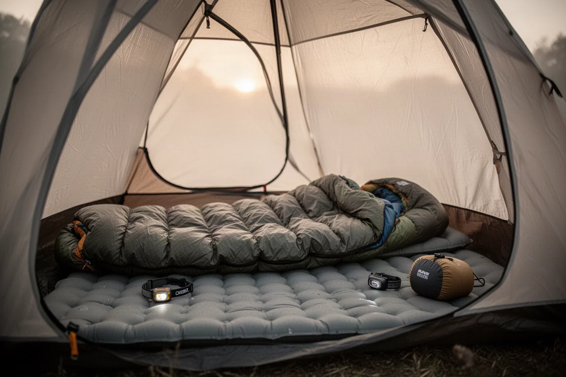 Tentinterieur bij zonsopgang met een geïsoleerde slaapmat en donsslaapzak uitgelegd