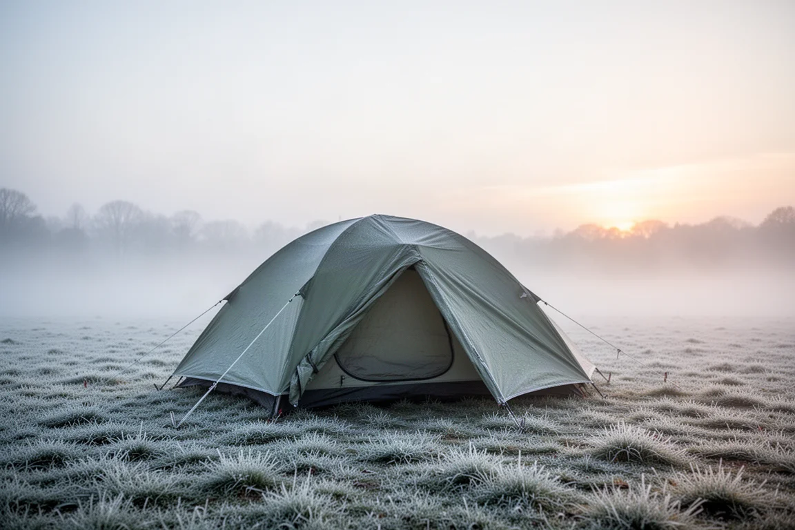 Laag tentje op beslagen gras op een koude ochtend met mist