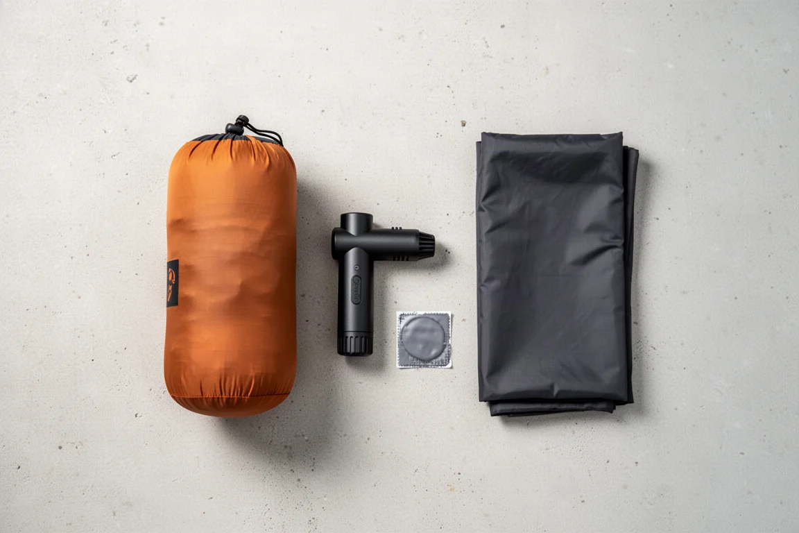 Flat lay van een opgevouwen slaapmat, klein pompje, hoes en reparatiepatch