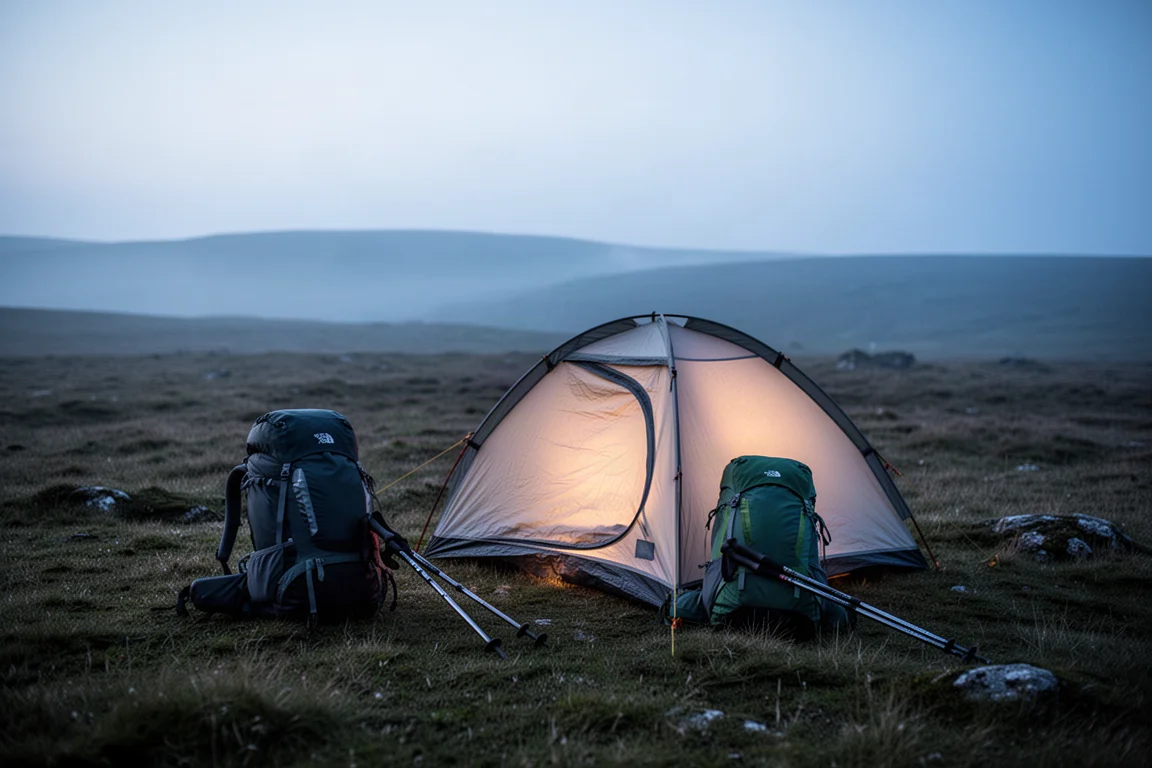Kleine tent die oplicht op een open heide bij laatste licht met rugzak ernaast