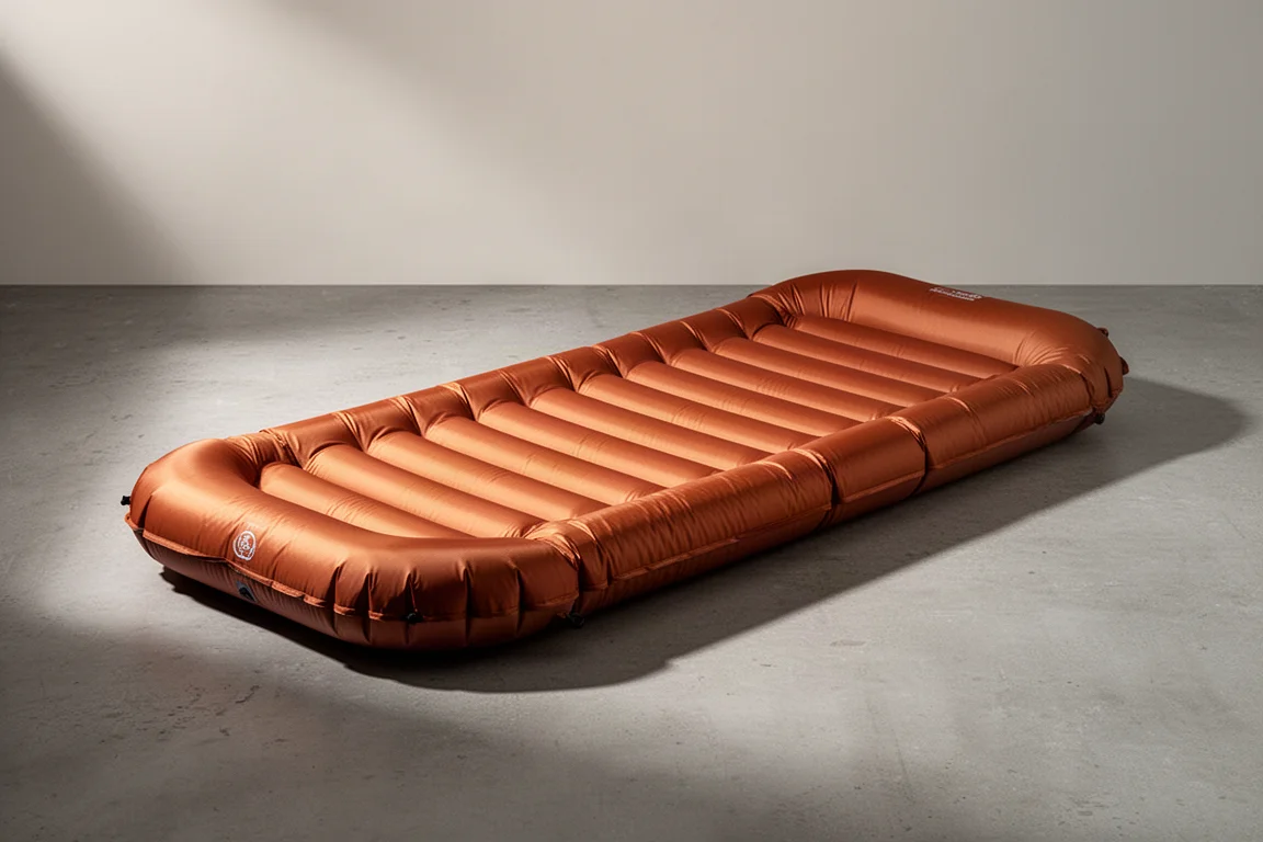 Inflated burnt orange backpacking sleeping pad on a matte concrete surface