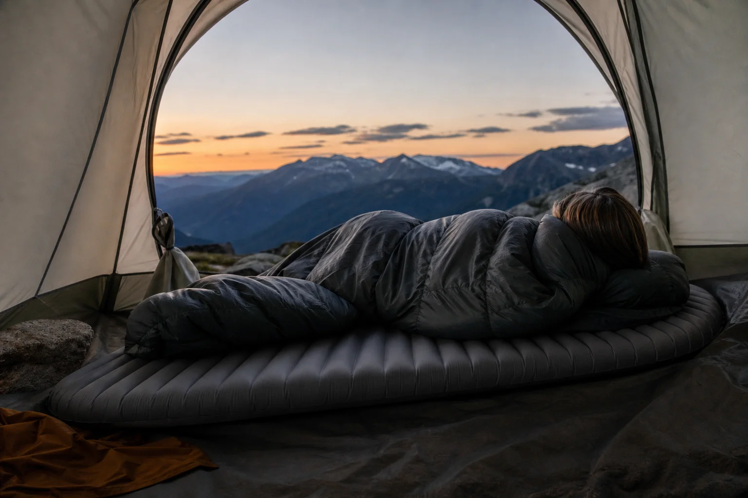山々が見えるテントの中で、スリーピングパッドの上で安らかに眠るキャンパー