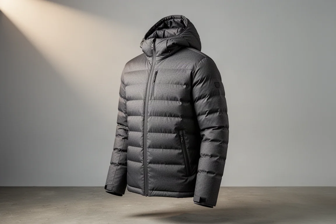 Hooded insulated down jacket with vertical baffles shown on a form against a grey backdrop