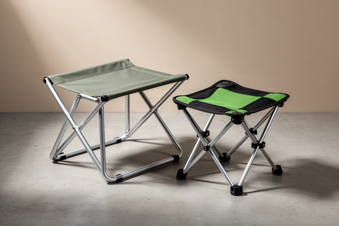 Two compact camping stools side by side on concrete, one grey-green frame stool and one small green folding stool