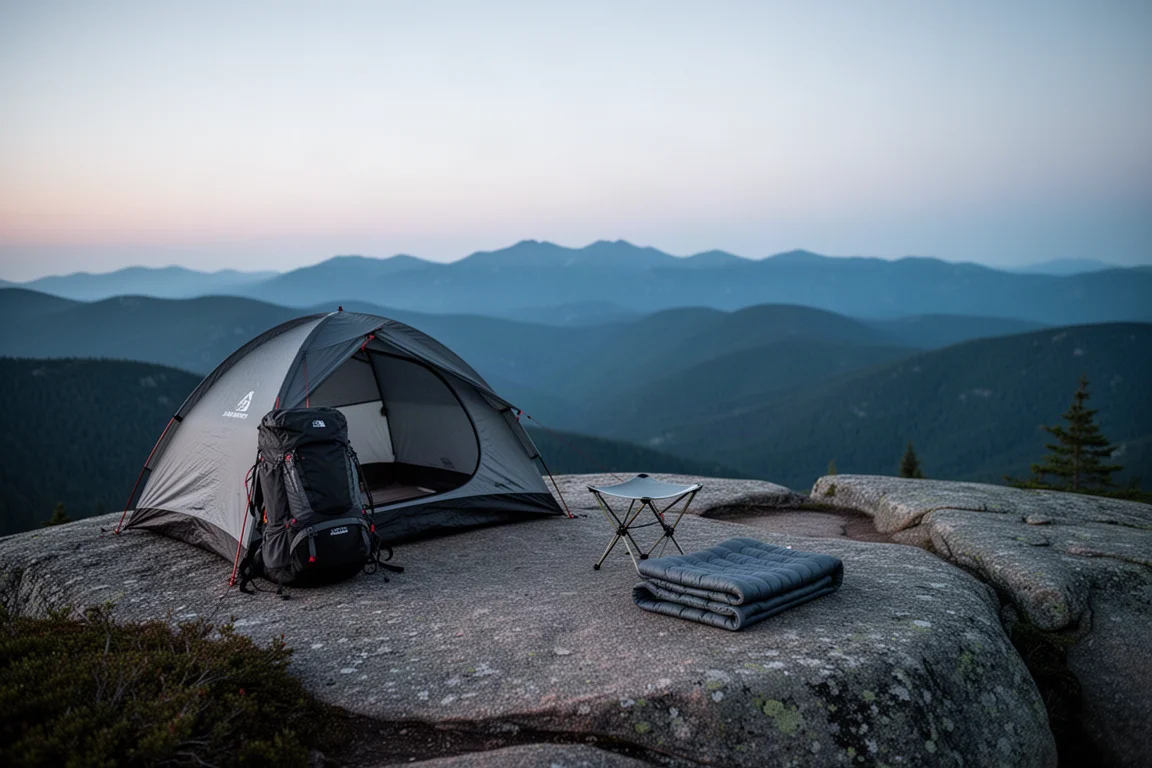 Tabouret de camping compact posé sur un sol alpin rocheux à côté d'une tente basse à l'heure dorée