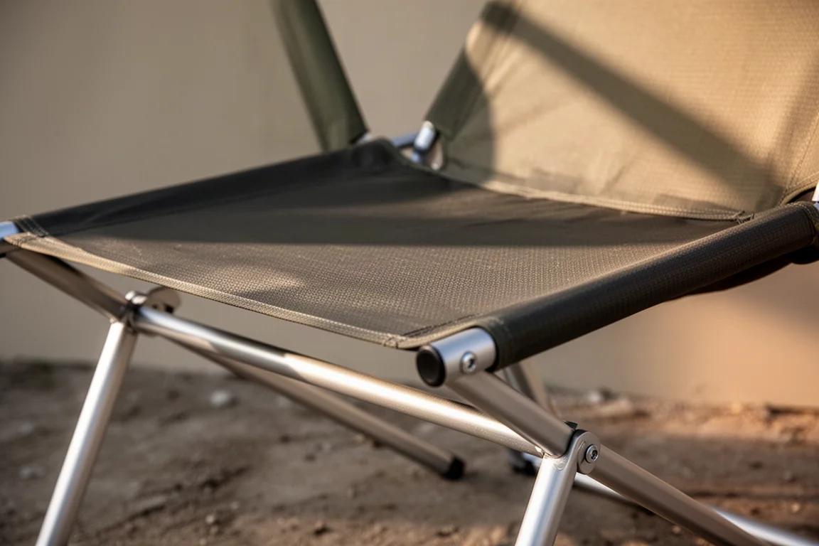 Gros plan du coin du siège en tissu ripstop clipsé sur un tube de cadre en aluminium