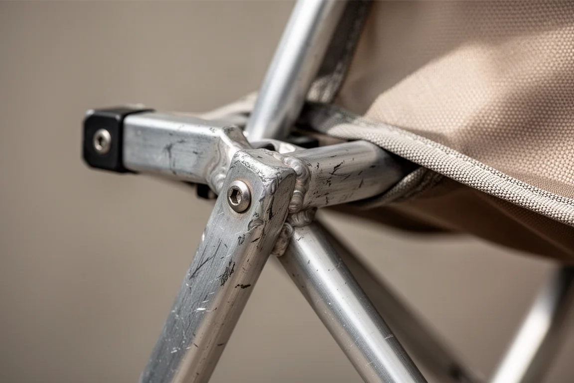 Vue à plat d'un cadre de tabouret démonté, d'un siège plié et d'un sac de rangement sur du béton