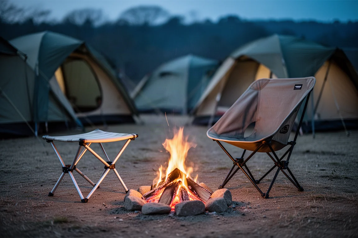 Dois banquinhos de camping ultralight montados ao lado de uma fogueira ao anoitecer