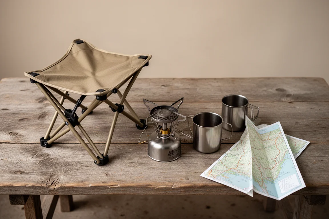 Equipamento de camping ultralight disposto sobre uma mesa de madeira desgastada