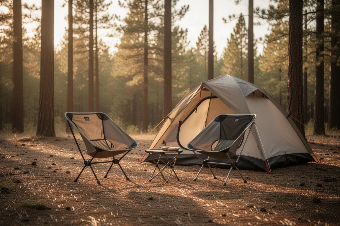 Acampamento na hora dourada com duas opções de assento ultralight perto de uma barraca