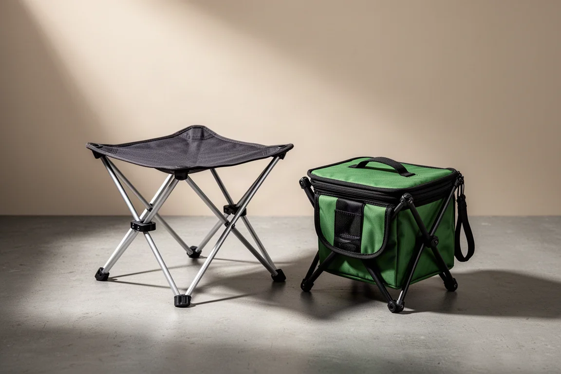 Two ultralight camping stools on a concrete surface, one dark hybrid and one green budget stool