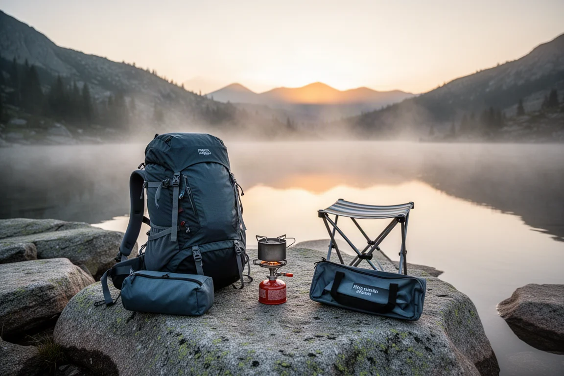 Setup da campeggio leggero all'alba accanto a un tranquillo lago alpino