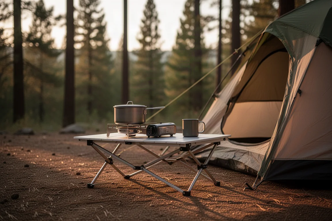 Camp kitchen table set with a stove and cookware at a wooded campsite in evening light