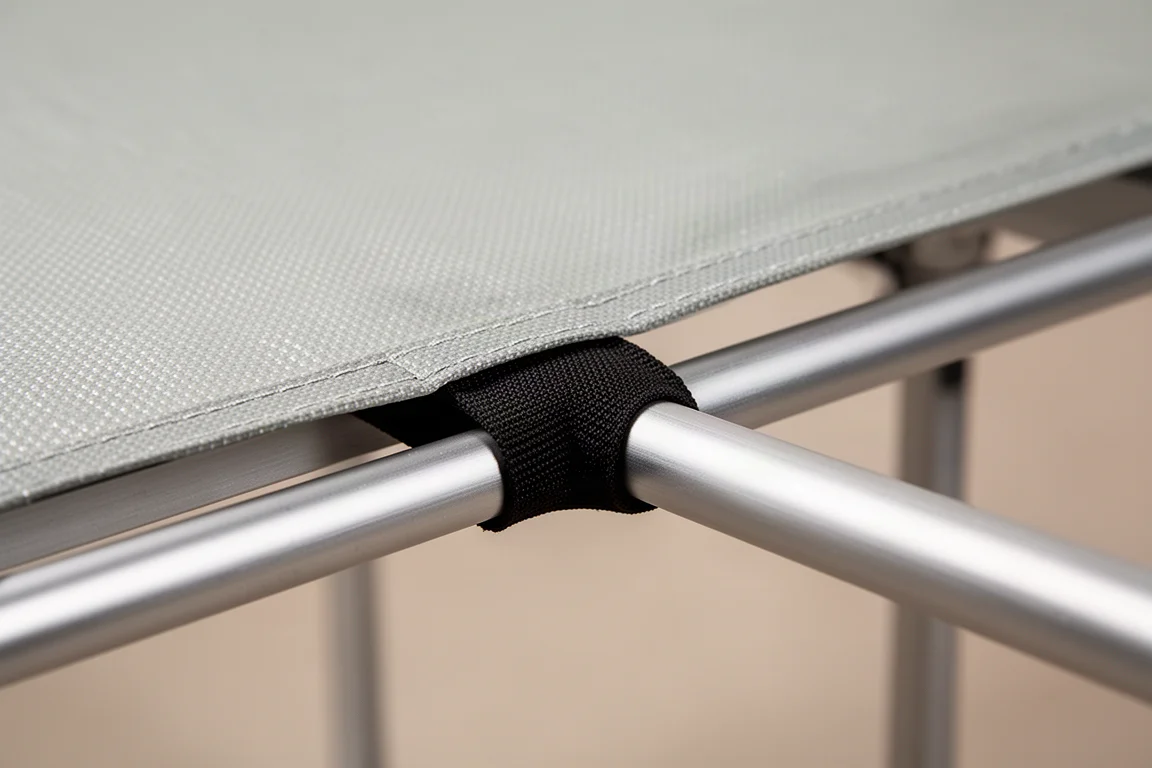 Close-up of fabric tabletop panels stretched over aluminum frame poles