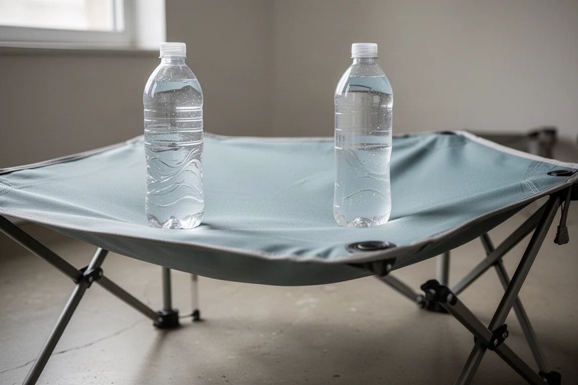 Camp tabletop flexing under a one-liter water bottle placed on the surface