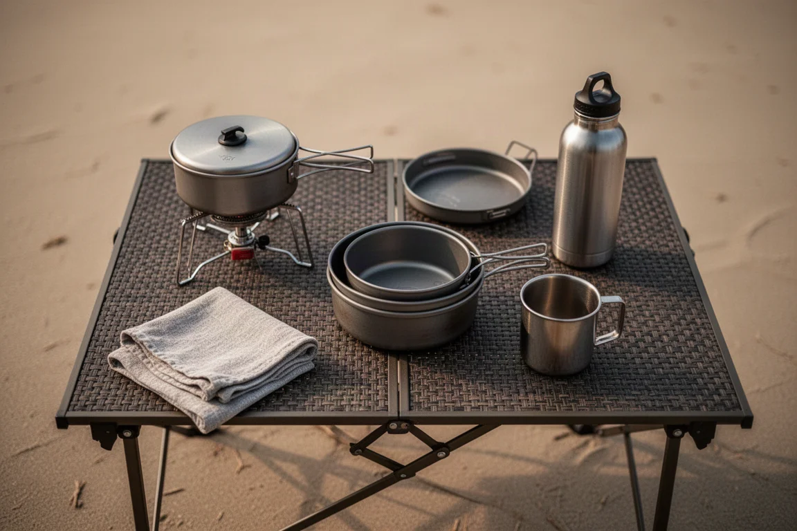 Overhead flat-lay of camp cooking gear arranged on a folding table at a campsite