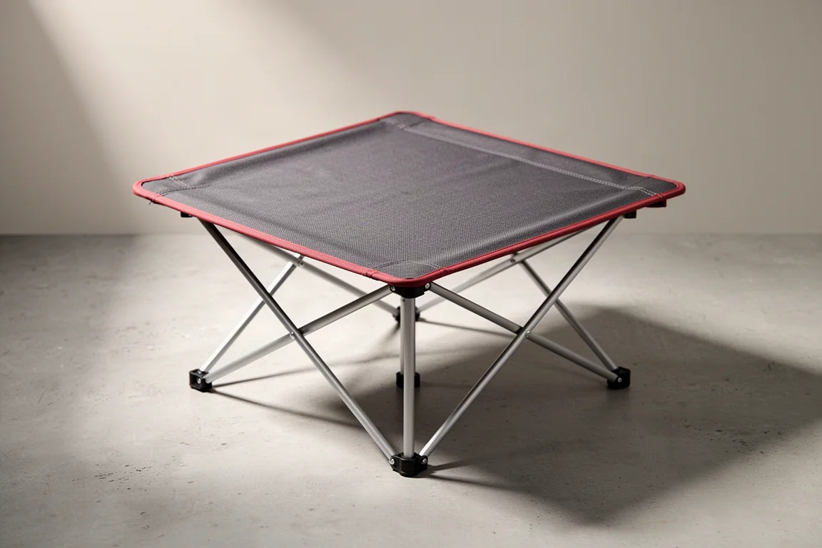 Folding camp table with grey fabric top and red aluminium frame on concrete floor