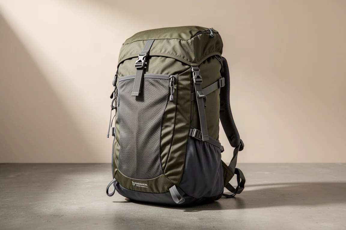 Sage green lightweight top-loading hiking backpack standing on a concrete surface
